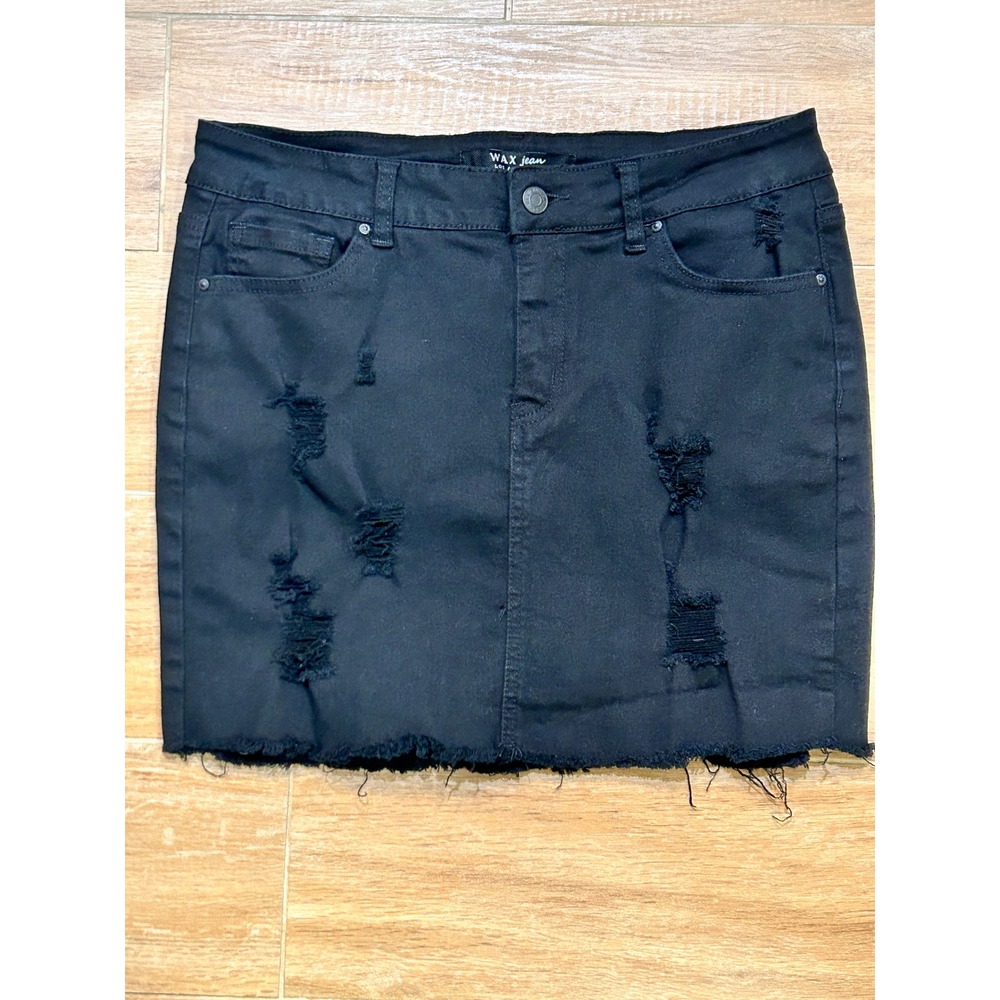 WAX Jean LA Black Distressed Denim Skirt Frayed Hem Mini‎ Women's Size Large